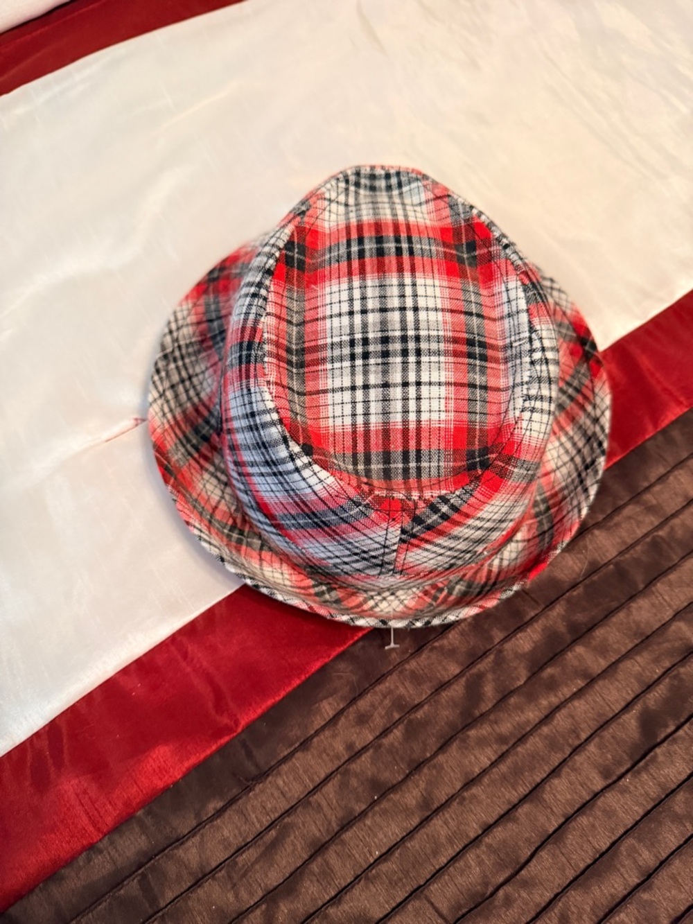 Red Plaid Fedora Hat Panama Jack Style Unisex Trilby Casual